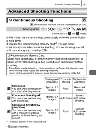 Advanced Shooting Functions    111

    Advanced Shooting Functions

          Continuous Shooting
                                 See Functions Available in Each Shooting Mode (p. 270).

                   Shooting Mode                        *1

                                                  *1 Cannot be set in     and      modes.
In this mode, the camera shoots continuously while the shutter button
is held down.
If you use the recommended memory card*2, you can shoot
continuously (smooth continuous shooting) at a set shooting interval
until the memory card is full (p. 259).

    *2 Recommended Memory Card:
    Super high-speed SDC-512MSH memory card (sold separately) to
    which low-level formatting (p. 69) is conducted immediately before
    shooting.
    • This reflects standard shooting criteria established by Canon. Actual results may
      vary according to the subject and shooting conditions.
    • Even if continuous shooting suddenly stops, the memory card may not be full.


                                             Shooting speed Focus while Display on the
                                              (Image/sec.)   shooting   LCD monitor
         Continuous
                                              Approx. 1.5                    Recorded
         You can shoot continuously                             Fixed*
                                                images                        image
         at a short shooting interval.
         Continuous Shooting AF                                         Subject
                                              Approx. 0.7
         You can shoot continuously                       Auto focus right before
                                                images
         with auto focus.                                              shooting
         Continuous Shooting LV
         (Live View)
                                                                               Subject
         You can shoot continuously           Approx. 0.8
                                                                Fixed*      right before
         with a manually set focus              images
                                                                              shooting
         position while confirming the
         subject.
*1 The focus position of first image is fixed.

•       (Large/Fine) mode.
 