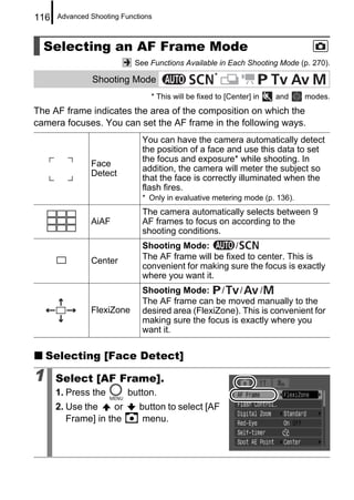 116   Advanced Shooting Functions



  Selecting an AF Frame Mode
                            See Functions Available in Each Shooting Mode (p. 270).
                                                    *
               Shooting Mode
                                * This will be fixed to [Center] in   and    modes.
The AF frame indicates the area of the composition on which the
camera focuses. You can set the AF frame in the following ways.
                              You can have the camera automatically detect
                              the position of a face and use this data to set
                              the focus and exposure* while shooting. In
               Face
                              addition, the camera will meter the subject so
               Detect
                              that the face is correctly illuminated when the
                              flash fires.
                              * Only in evaluative metering mode (p. 136).
                              The camera automatically selects between 9
               AiAF           AF frames to focus on according to the
                              shooting conditions.
                              Shooting Mode:          /
               Center         The AF frame will be fixed to center. This is
                              convenient for making sure the focus is exactly
                              where you want it.
                              Shooting Mode: /         /    /
                              The AF frame can be moved manually to the
               FlexiZone      desired area (FlexiZone). This is convenient for
                              making sure the focus is exactly where you
                              want it.


    Selecting [Face Detect]

1     Select [AF Frame].
      1. Press the        button.
      2. Use the     or      button to select [AF
         Frame] in the        menu.
 