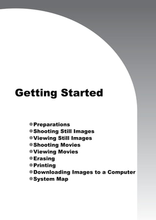 Getting Started

   Preparations
   Shooting Still Images
   Viewing Still Images
   Shooting Movies
   Viewing Movies
   Erasing
   Printing
   Downloading Images to a Computer
   System Map
 