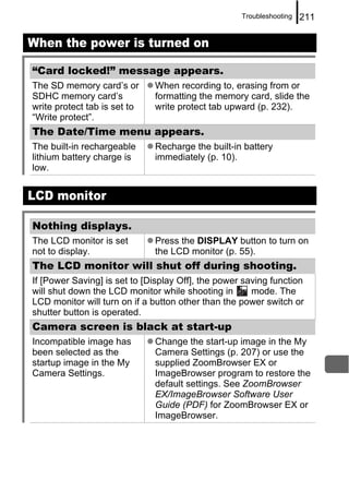 Troubleshooting   211

When the power is turned on

“Card locked!” message appears.
The SD memory card’s or       When recording to, erasing from or
SDHC memory card’s            formatting the memory card, slide the
write protect tab is set to   write protect tab upward (p. 232).
“Write protect”.
The Date/Time menu appears.
The built-in rechargeable     Recharge the built-in battery
lithium battery charge is     immediately (p. 10).
low.


LCD monitor

Nothing displays.
The LCD monitor is set        Press the DISPLAY button to turn on
not to display.               the LCD monitor (p. 55).
The LCD monitor will shut off during shooting.
If [Power Saving] is set to [Display Off], the power saving function
will shut down the LCD monitor while shooting in       mode. The
LCD monitor will turn on if a button other than the power switch or
shutter button is operated.
Camera screen is black at start-up
Incompatible image has        Change the start-up image in the My
been selected as the          Camera Settings (p. 207) or use the
startup image in the My       supplied ZoomBrowser EX or
Camera Settings.              ImageBrowser program to restore the
                              default settings. See ZoomBrowser
                              EX/ImageBrowser Software User
                              Guide (PDF) for ZoomBrowser EX or
                              ImageBrowser.
 