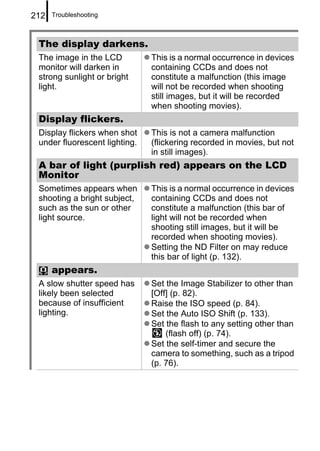 212   Troubleshooting



 The display darkens.
 The image in the LCD          This is a normal occurrence in devices
 monitor will darken in        containing CCDs and does not
 strong sunlight or bright     constitute a malfunction (this image
 light.                        will not be recorded when shooting
                               still images, but it will be recorded
                               when shooting movies).
 Display flickers.
 Display flickers when shot    This is not a camera malfunction
 under fluorescent lighting.   (flickering recorded in movies, but not
                               in still images).
 A bar of light (purplish red) appears on the LCD
 Monitor
 Sometimes appears when        This is a normal occurrence in devices
 shooting a bright subject,    containing CCDs and does not
 such as the sun or other      constitute a malfunction (this bar of
 light source.                 light will not be recorded when
                               shooting still images, but it will be
                               recorded when shooting movies).
                               Setting the ND Filter on may reduce
                               this bar of light (p. 132).
      appears.
 A slow shutter speed has      Set the Image Stabilizer to other than
 likely been selected          [Off] (p. 82).
 because of insufficient       Raise the ISO speed (p. 84).
 lighting.                     Set the Auto ISO Shift (p. 133).
                               Set the flash to any setting other than
                                   (flash off) (p. 74).
                               Set the self-timer and secure the
                               camera to something, such as a tripod
                               (p. 76).
 