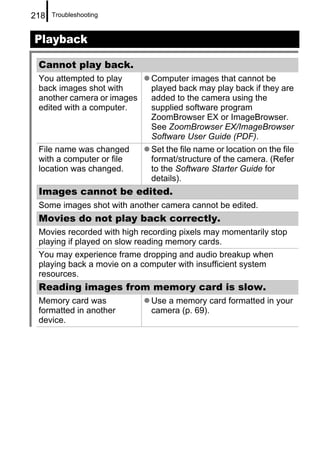 218   Troubleshooting



Playback

 Cannot play back.
 You attempted to play       Computer images that cannot be
 back images shot with       played back may play back if they are
 another camera or images    added to the camera using the
 edited with a computer.     supplied software program
                             ZoomBrowser EX or ImageBrowser.
                             See ZoomBrowser EX/ImageBrowser
                             Software User Guide (PDF).
 File name was changed       Set the file name or location on the file
 with a computer or file     format/structure of the camera. (Refer
 location was changed.       to the Software Starter Guide for
                             details).
 Images cannot be edited.
 Some images shot with another camera cannot be edited.
 Movies do not play back correctly.
 Movies recorded with high recording pixels may momentarily stop
 playing if played on slow reading memory cards.
 You may experience frame dropping and audio breakup when
 playing back a movie on a computer with insufficient system
 resources.
 Reading images from memory card is slow.
 Memory card was             Use a memory card formatted in your
 formatted in another        camera (p. 69).
 device.
 
