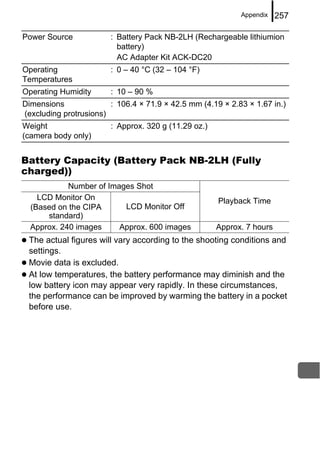 Appendix    257

Power Source            : Battery Pack NB-2LH (Rechargeable lithiumion
                          battery)
                          AC Adapter Kit ACK-DC20
Operating               : 0 – 40 °C (32 – 104 °F)
Temperatures
Operating Humidity      : 10 – 90 %
Dimensions              : 106.4 × 71.9 × 42.5 mm (4.19 × 2.83 × 1.67 in.)
(excluding protrusions)
Weight                  : Approx. 320 g (11.29 oz.)
(camera body only)


Battery Capacity (Battery Pack NB-2LH (Fully
charged))
            Number of Images Shot
    LCD Monitor On                                    Playback Time
  (Based on the CIPA      LCD Monitor Off
      standard)
  Approx. 240 images     Approx. 600 images           Approx. 7 hours
 The actual figures will vary according to the shooting conditions and
 settings.
 Movie data is excluded.
 At low temperatures, the battery performance may diminish and the
 low battery icon may appear very rapidly. In these circumstances,
 the performance can be improved by warming the battery in a pocket
 before use.
 