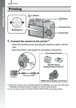 24    Printing


                   Printing
Getting Started




                                                      Button
                                                                                             Button



                                                                                        Terminal Cover
                              Buttons
                                                                                        Control Dial




                  1. Connect the camera to the printer*1.
                       • Open the terminal cover and plug the interface cable in all the
                         way.
                       • See the printer’s user guide for connection instructions.
                                                                      Canon Brand Printers




                                                                       SELPHY Series
                                                                    Compact Photo Printers*2




                                        Interface Cable
                       Camera

                                                                PIXMA Series Bubble Jet Printers

                  *1 Since this camera uses a standard protocol (PictBridge), you can use it with other
                     PictBridge-compliant printers in addition to Canon-brand printers.
                  *2 You can also use the CP-10/CP-100/CP-200/CP-300 card photo printers.
 