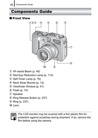 40   Components Guide


 Components Guide
  Front View




a AF-assist Beam (p. 49)
b Red-Eye Reduction Lamp (p. 113)
c Self-Timer Lamp (p. 76)
d Neck Strap Mounts (p. 13)
e Viewfinder Window (p. 41)
f Flash (p. 74)
g Speaker
h Ring Release Button (p. 237)
i Ring (p. 237)
j Lens

      The LCD monitor may be covered with a thin plastic film for
      protection against scratches during shipment. If so, remove the
      film before using the camera.
 