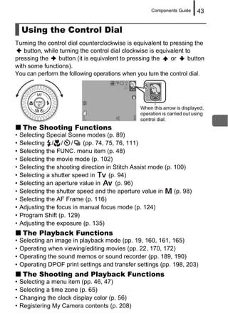Components Guide     43


    Using the Control Dial
Turning the control dial counterclockwise is equivalent to pressing the
   button, while turning the control dial clockwise is equivalent to
pressing the    button (it is equivalent to pressing the    or     button
with some functions).
You can perform the following operations when you turn the control dial.




                                                  When this arrow is displayed,
                                                  operation is carried out using
                                                  control dial.
     The Shooting Functions
•   Selecting Special Scene modes (p. 89)
•   Selecting / / /         (pp. 74, 75, 76, 111)
•   Selecting the FUNC. menu item (p. 48)
•   Selecting the movie mode (p. 102)
•   Selecting the shooting direction in Stitch Assist mode (p. 100)
•   Selecting a shutter speed in      (p. 94)
•   Selecting an aperture value in       (p. 96)
•   Selecting the shutter speed and the aperture value in      (p. 98)
•   Selecting the AF Frame (p. 116)
•   Adjusting the focus in manual focus mode (p. 124)
•   Program Shift (p. 129)
•   Adjusting the exposure (p. 135)
     The Playback Functions
•   Selecting an image in playback mode (pp. 19, 160, 161, 165)
•   Operating when viewing/editing movies (pp. 22, 170, 172)
•   Operating the sound memos or sound recorder (pp. 189, 190)
•   Operating DPOF print settings and transfer settings (pp. 198, 203)
     The Shooting and Playback Functions
•   Selecting a menu item (pp. 46, 47)
•   Selecting a time zone (p. 65)
•   Changing the clock display color (p. 56)
•   Registering My Camera contents (p. 208)
 