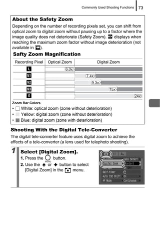 Commonly Used Shooting Functions   73

About the Safety Zoom
Depending on the number of recording pixels set, you can shift from
optical zoom to digital zoom without pausing up to a factor where the
image quality does not deteriorate (Safety Zoom).      displays when
reaching the maximum zoom factor without image deterioration (not
available in   ).
 Safty Zoom Magnification
    Recording Pixel   Optical Zoom               Digital Zoom




Zoom Bar Colors
•      White: optical zoom (zone without deterioration)
•      Yellow: digital zoom (zone without deterioration)
•      Blue: digital zoom (zone with deterioration)

Shooting With the Digital Tele-Converter
The digital tele-converter feature uses digital zoom to achieve the
effects of a tele-converter (a lens used for telephoto shooting).

1     Select [Digital Zoom].
      1. Press the      button.
      2. Use the     or     button to select
         [Digital Zoom] in the     menu.
 