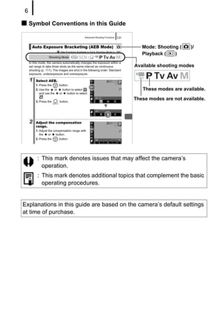 6

    Symbol Conventions in this Guide

                                                 Advanced Shooting Functions   131


      Auto Exposure Bracketing (AEB Mode)                                                Mode: Shooting (    )/
                            See Functions Available in Each Shooting Mode (p. 286).
                                                                                         Playback (   )
                   Shooting Mode
    In this mode, the camera automatically changes the exposure within a
    set range to take three shots as the same interval as continuous                  Available shooting modes
    shooting (p. 111). The images are shot in the following order: Standard
    exposure, underexposure and overexposure.

    1    Select AEB.
         1. Press the      button.
         2. Use the    or    button to select                                            These modes are available.
            and use the   or     button to select
              .
         3. Press the      button.
                                                                                      These modes are not available.



    2    Adjust the compensation
         range.
         1. Adjust the compensation range with
            the    or    button.
         2. Press the      button.




          : This mark denotes issues that may affect the camera’s
            operation.
          : This mark denotes additional topics that complement the basic
            operating procedures.


Explanations in this guide are based on the camera’s default settings
at time of purchase.
 