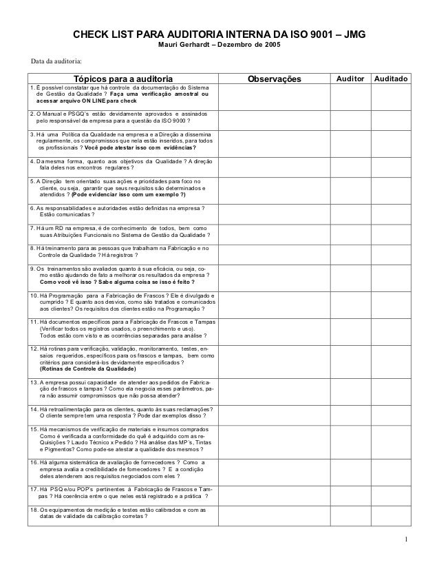G9 Check List Para Ai Da Iso 9001 2000 Generico