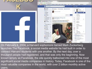 FACEBOO
K
On February 4, 2004, a Harvard sophomore named Mark Zuckerberg
launches The Facebook, a social media website he had built in order to
connect Harvard students with one another. By the next day, over a
thousand people had registered, and that was only the beginning. Now
known simply as Facebook, the site quickly ballooned into one of the most
significant social media companies in history. Today, Facebook is one of the
most valuable companies in the world, with over 2 billion monthly active
users.
 Facebook - is a popular free
social networking website that
allows registered users to create
profiles, upload photos and
videos, send messages and keep
in touch with friends, family and
colleagues.
 WHEN IS FACEBOOK
RELEASED?
 