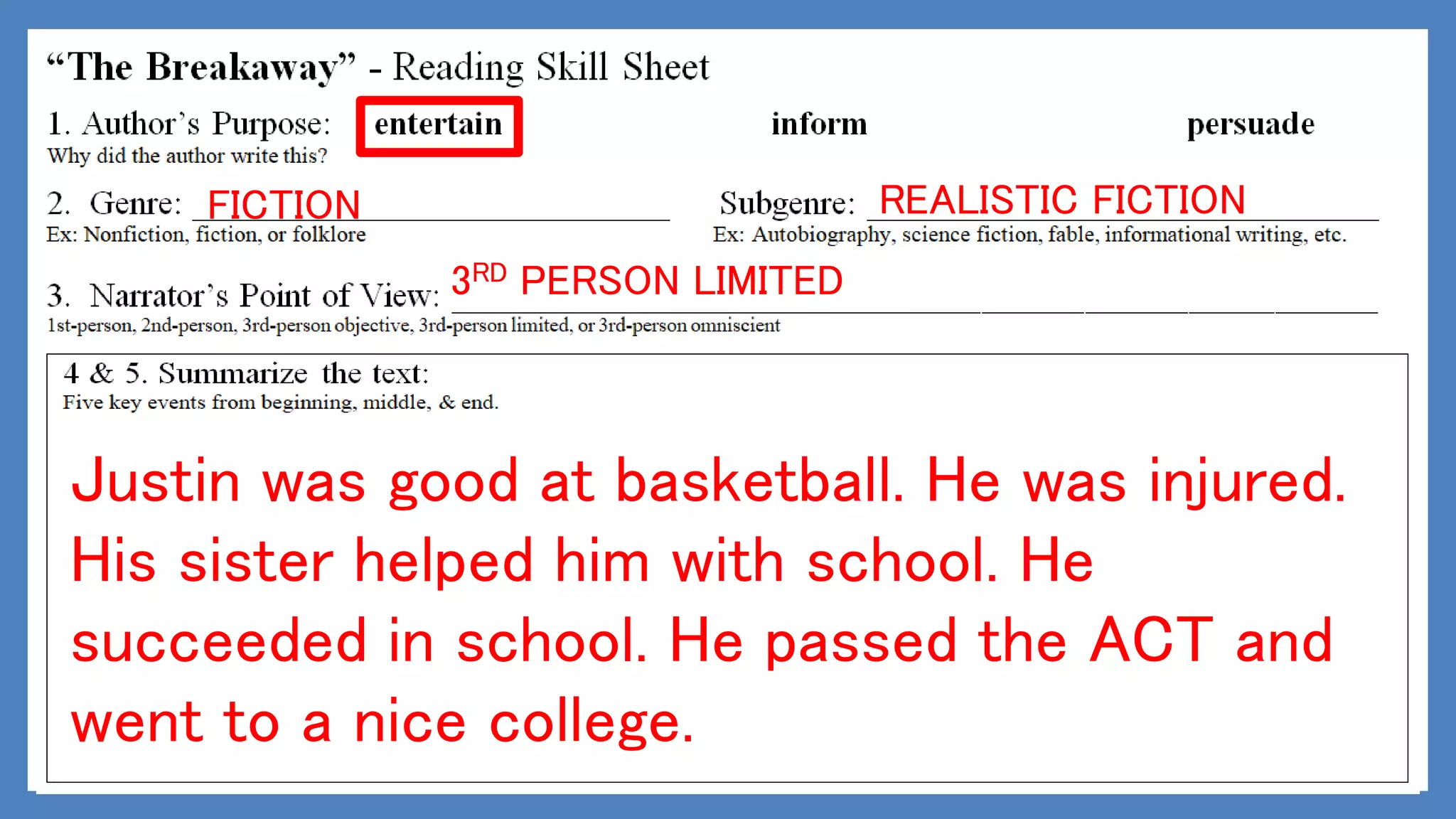 FICTION REALISTIC FICTION
3RD PERSON LIMITED
Justin was good at basketball. He was injured.
His sister helped him with school. He
succeeded in school. He passed the ACT and
went to a nice college.
 