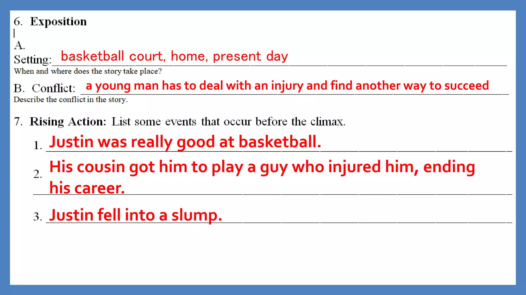 basketball court, home, present day
a young man has to deal with an injury and find another way to succeed
Justin was really good at basketball.
His cousin got him to play a guy who injured him, ending
his career.
Justin fell into a slump.
 