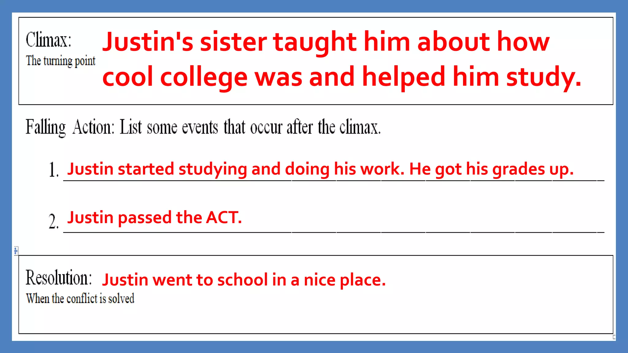 Justin's sister taught him about how
cool college was and helped him study.
Justin started studying and doing his work. He got his grades up.
Justin passed the ACT.
Justin went to school in a nice place.
 
