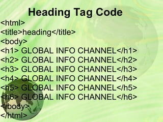 Heading Tag Code
<html>
<title>heading</title>
<body>
<h1> GLOBAL INFO CHANNEL</h1>
<h2> GLOBAL INFO CHANNEL</h2>
<h3> GLOBAL INFO CHANNEL</h3>
<h4> GLOBAL INFO CHANNEL</h4>
<h5> GLOBAL INFO CHANNEL</h5>
<h6> GLOBAL INFO CHANNEL</h6>
</body>
</html>
 