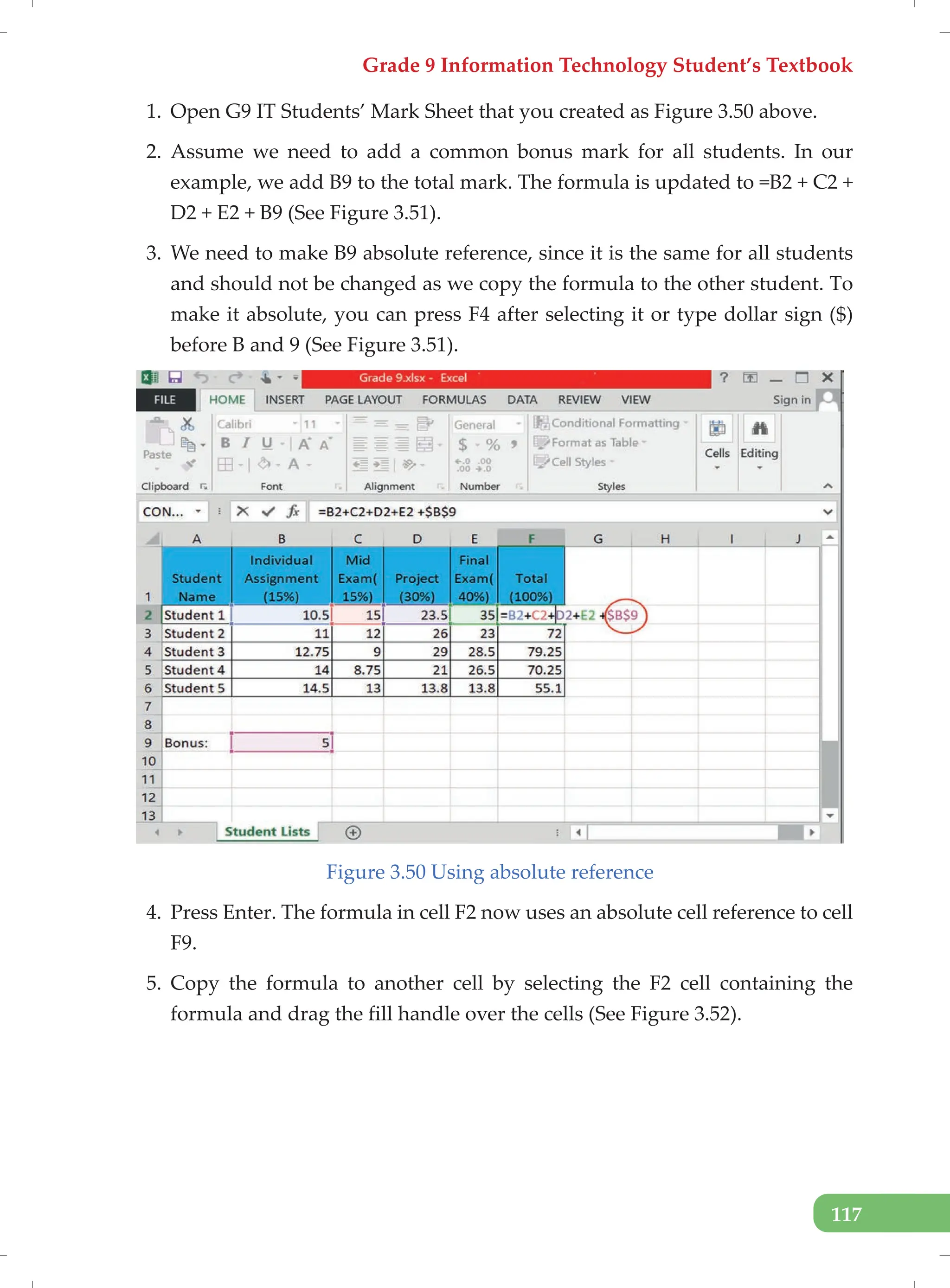 Grade 9 Information Technology Student’s Textbook
117
1. Open G9 IT Students’ Mark Sheet that you created as Figure 3.50 above.
2. Assume we need to add a common bonus mark for all students. In our
example, we add B9 to the total mark. The formula is updated to =B2 + C2 +
D2 + E2 + B9 (See Figure 3.51).
3. We need to make B9 absolute reference, since it is the same for all students
and should not be changed as we copy the formula to the other student. To
make it absolute, you can press F4 after selecting it or type dollar sign ($)
before B and 9 (See Figure 3.51).
Figure 3.50 Using absolute reference
4. Press Enter. The formula in cell F2 now uses an absolute cell reference to cell
F9.
5. Copy the formula to another cell by selecting the F2 cell containing the
formula and drag the fill handle over the cells (See Figure 3.52).
 
