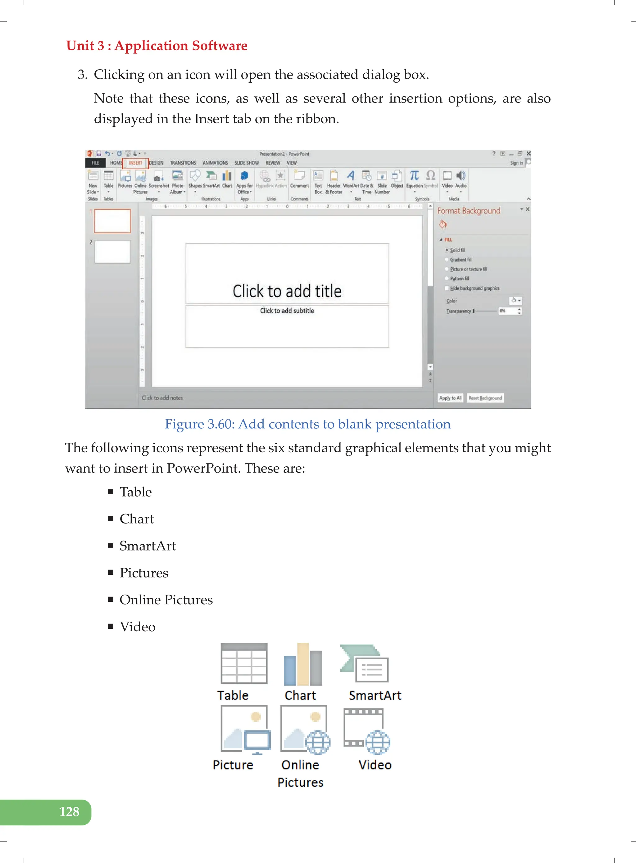 Unit 3 : Application Software
128
3. Clicking on an icon will open the associated dialog box.
Note that these icons, as well as several other insertion options, are also
displayed in the Insert tab on the ribbon.
Figure 3.60: Add contents to blank presentation
The following icons represent the six standard graphical elements that you might
want to insert in PowerPoint. These are:
ƒ Table
ƒ Chart
ƒ SmartArt
ƒ Pictures
ƒ Online Pictures
ƒ Video
 