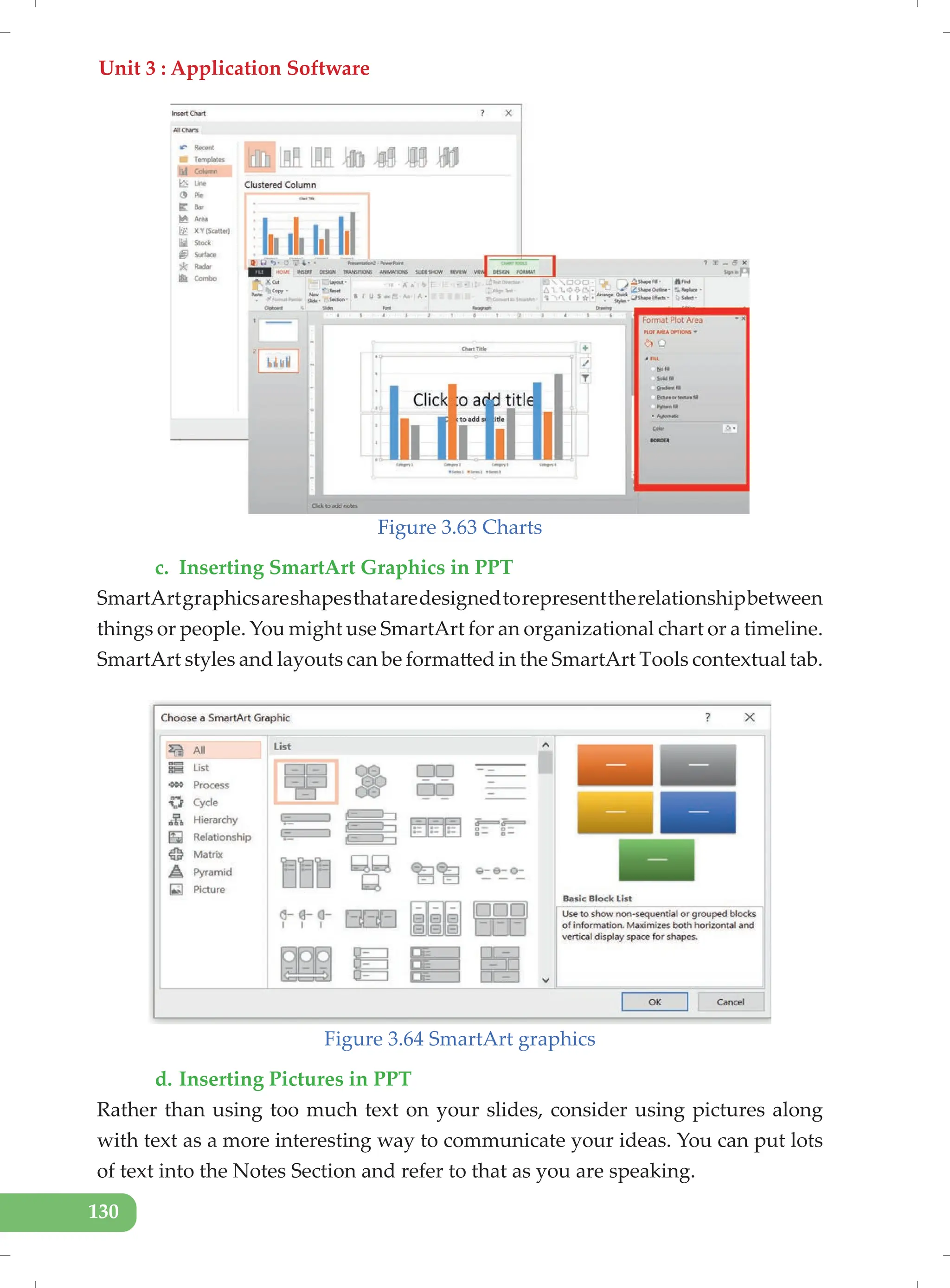 Unit 3 : Application Software
130
Figure 3.63 Charts
c. Inserting SmartArt Graphics in PPT
SmartArtgraphicsareshapesthataredesignedtorepresenttherelationshipbetween
things or people. You might use SmartArt for an organizational chart or a timeline.
SmartArt styles and layouts can be formatted in the SmartArt Tools contextual tab.
Figure 3.64 SmartArt graphics
d. Inserting Pictures in PPT
Rather than using too much text on your slides, consider using pictures along
with text as a more interesting way to communicate your ideas. You can put lots
of text into the Notes Section and refer to that as you are speaking.
 