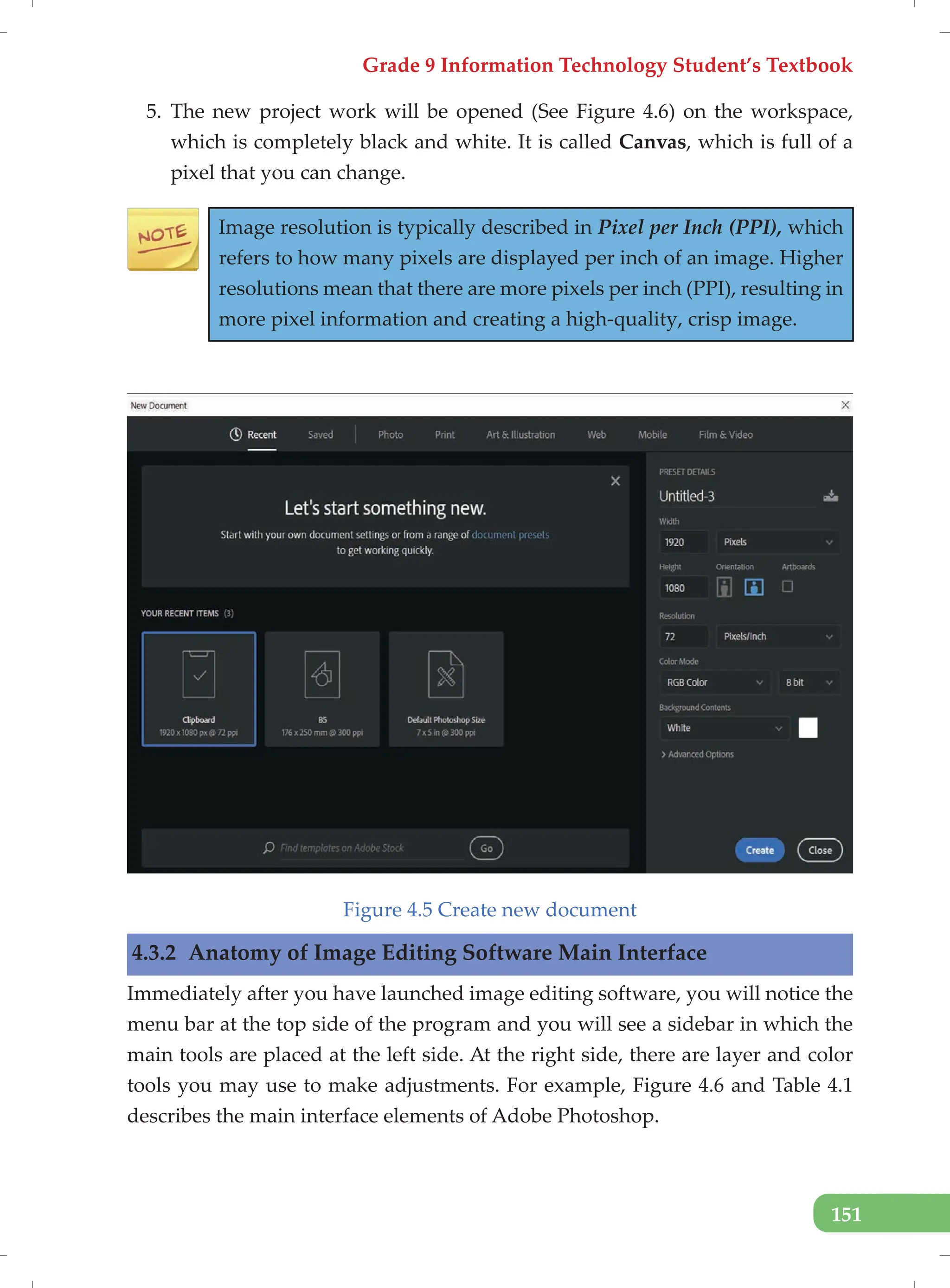 Grade 9 Information Technology Student’s Textbook
151
5. The new project work will be opened (See Figure 4.6) on the workspace,
which is completely black and white. It is called Canvas, which is full of a
pixel that you can change.
Image resolution is typically described in Pixel per Inch (PPI), which
refers to how many pixels are displayed per inch of an image. Higher
resolutions mean that there are more pixels per inch (PPI), resulting in
more pixel information and creating a high-quality, crisp image.
Figure 4.5 Create new document
4.3.2 Anatomy of Image Editing Software Main Interface
Immediately after you have launched image editing software, you will notice the
menu bar at the top side of the program and you will see a sidebar in which the
main tools are placed at the left side. At the right side, there are layer and color
tools you may use to make adjustments. For example, Figure 4.6 and Table 4.1
describes the main interface elements of Adobe Photoshop.
 