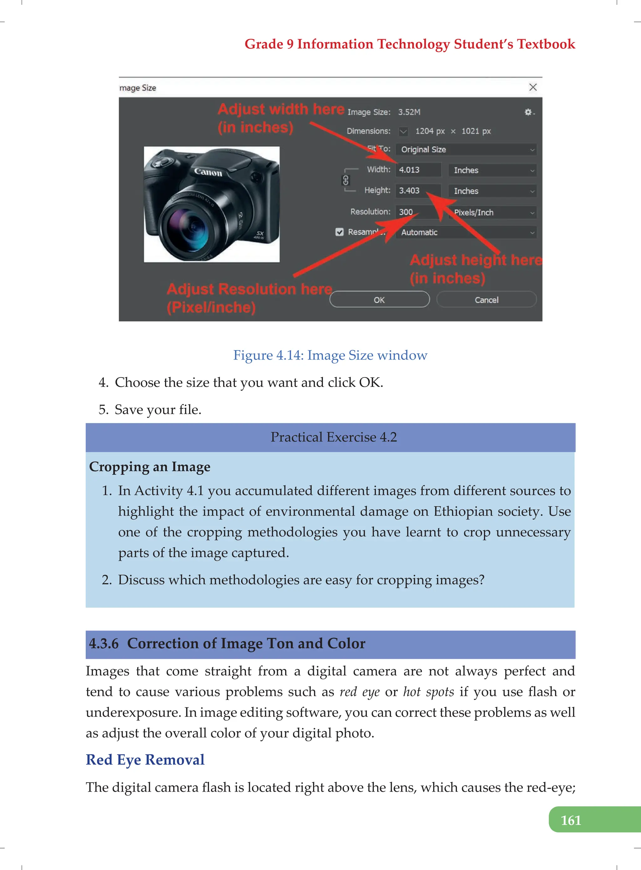 Grade 9 Information Technology Student’s Textbook
161
Figure 4.14: Image Size window
4. Choose the size that you want and click OK.
5. Save your file.
Practical Exercise 4.2
Cropping an Image
1. In Activity 4.1 you accumulated different images from different sources to
highlight the impact of environmental damage on Ethiopian society. Use
one of the cropping methodologies you have learnt to crop unnecessary
parts of the image captured.
2. Discuss which methodologies are easy for cropping images?
4.3.6 Correction of Image Ton and Color
Images that come straight from a digital camera are not always perfect and
tend to cause various problems such as red eye or hot spots if you use flash or
underexposure. In image editing software, you can correct these problems as well
as adjust the overall color of your digital photo.
Red Eye Removal
The digital camera flash is located right above the lens, which causes the red-eye;
 