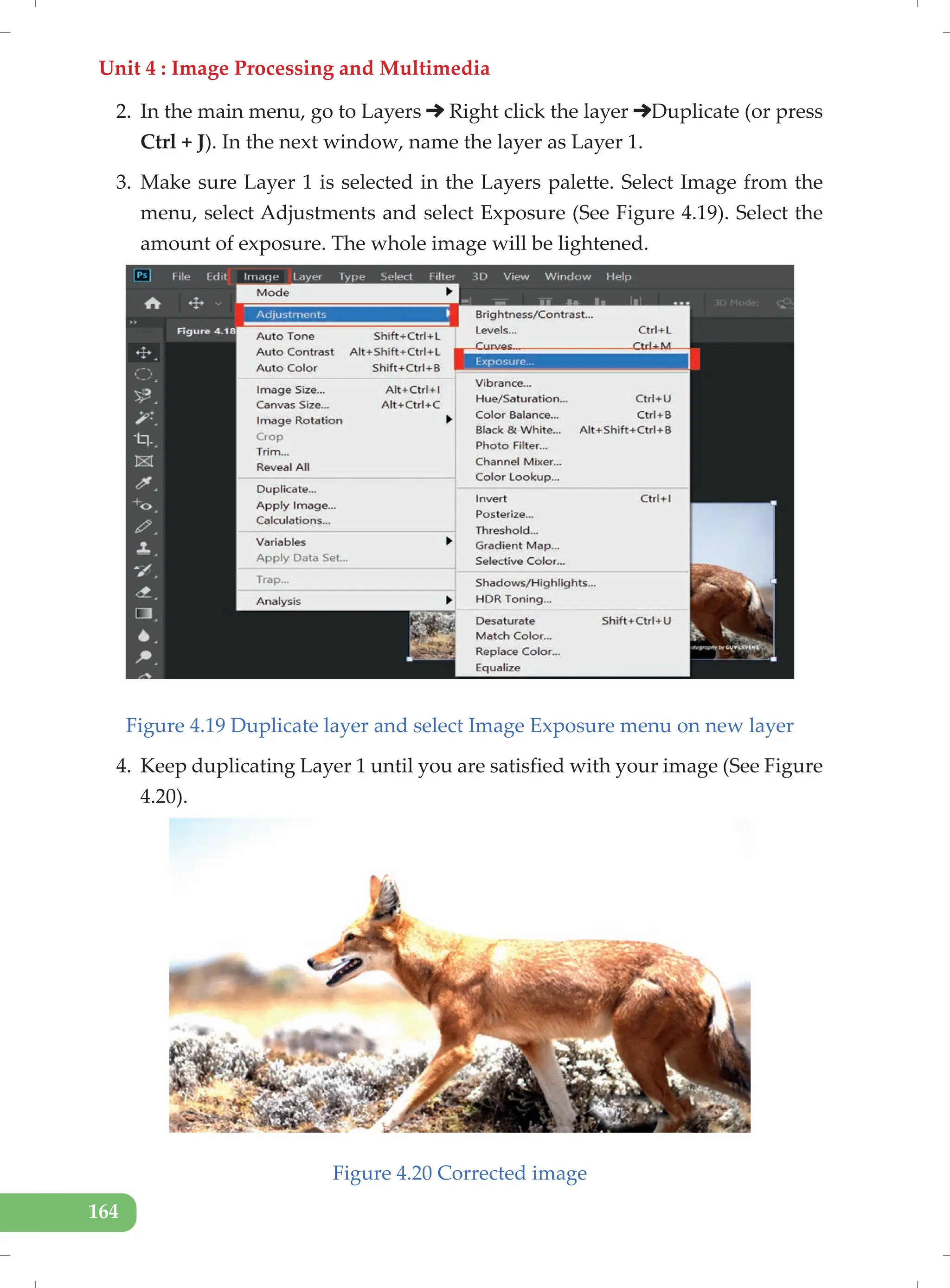 Unit 4 : Image Processing and Multimedia
164
2. In the main menu, go to Layers Right click the layer Duplicate (or press
Ctrl + J). In the next window, name the layer as Layer 1.
3. Make sure Layer 1 is selected in the Layers palette. Select Image from the
menu, select Adjustments and select Exposure (See Figure 4.19). Select the
amount of exposure. The whole image will be lightened.
Figure 4.19 Duplicate layer and select Image Exposure menu on new layer
4. Keep duplicating Layer 1 until you are satisfied with your image (See Figure
4.20).
Figure 4.20 Corrected image
 