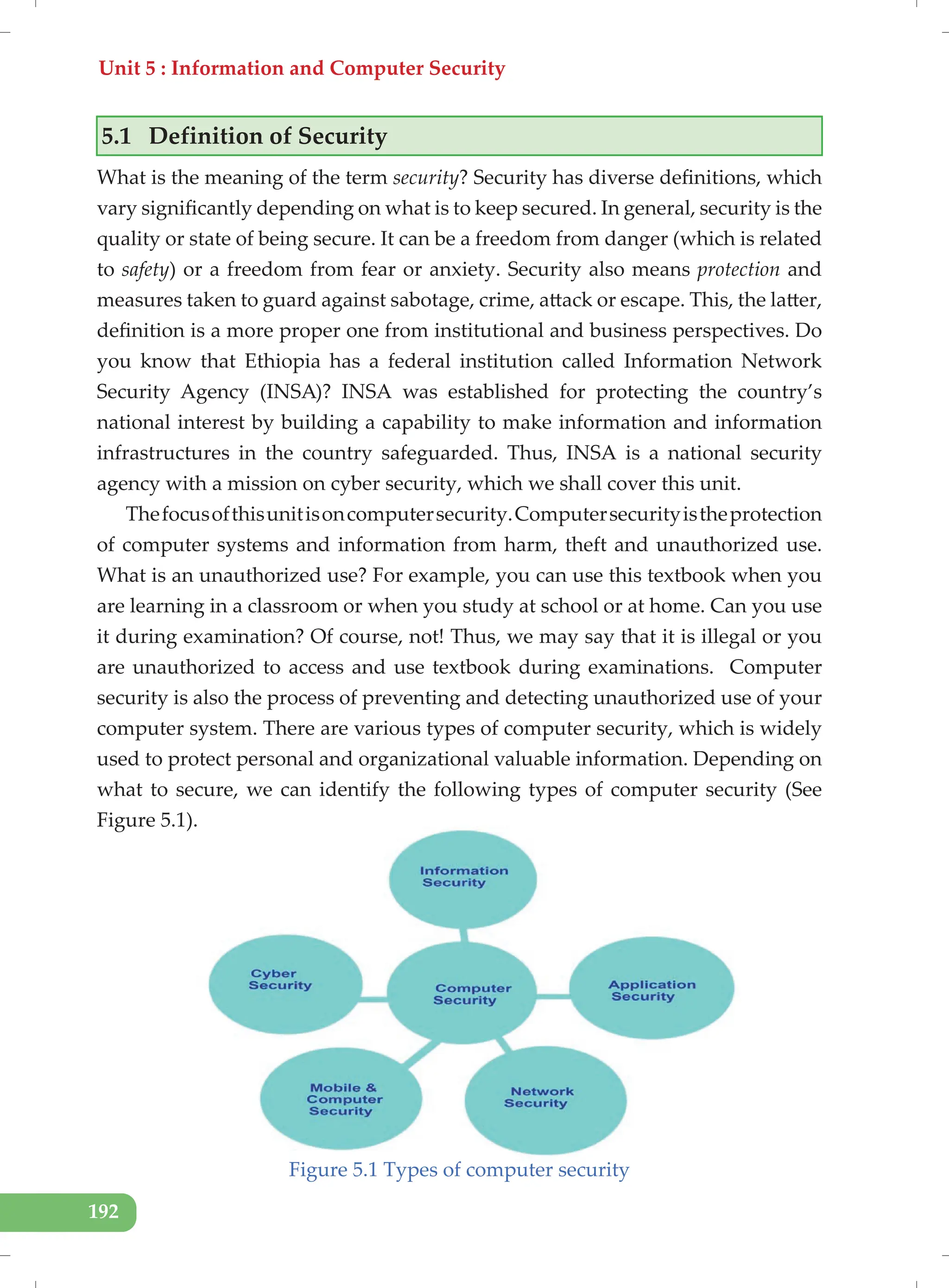 Unit 5 : Information and Computer Security
192
5.1 Definition of Security
What is the meaning of the term security? Security has diverse definitions, which
vary significantly depending on what is to keep secured. In general, security is the
quality or state of being secure. It can be a freedom from danger (which is related
to safety) or a freedom from fear or anxiety. Security also means protection and
measures taken to guard against sabotage, crime, attack or escape. This, the latter,
definition is a more proper one from institutional and business perspectives. Do
you know that Ethiopia has a federal institution called Information Network
Security Agency (INSA)? INSA was established for protecting the country’s
national interest by building a capability to make information and information
infrastructures in the country safeguarded. Thus, INSA is a national security
agency with a mission on cyber security, which we shall cover this unit.
Thefocusofthisunitisoncomputersecurity.Computersecurityistheprotection
of computer systems and information from harm, theft and unauthorized use.
What is an unauthorized use? For example, you can use this textbook when you
are learning in a classroom or when you study at school or at home. Can you use
it during examination? Of course, not! Thus, we may say that it is illegal or you
are unauthorized to access and use textbook during examinations. Computer
security is also the process of preventing and detecting unauthorized use of your
computer system. There are various types of computer security, which is widely
used to protect personal and organizational valuable information. Depending on
what to secure, we can identify the following types of computer security (See
Figure 5.1).
Figure 5.1 Types of computer security
 