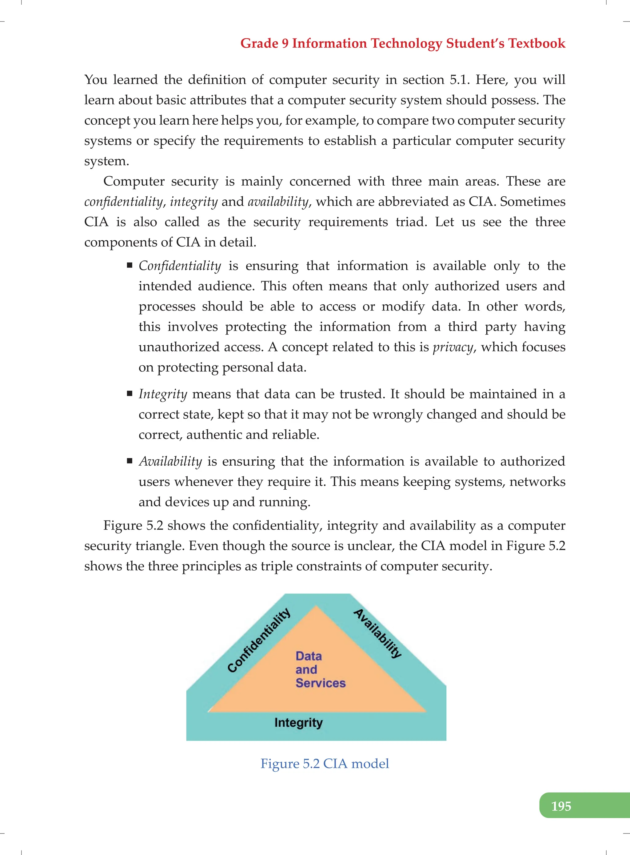 Grade 9 Information Technology Student’s Textbook
195
You learned the definition of computer security in section 5.1. Here, you will
learn about basic attributes that a computer security system should possess. The
concept you learn here helps you, for example, to compare two computer security
systems or specify the requirements to establish a particular computer security
system.
Computer security is mainly concerned with three main areas. These are
confidentiality, integrity and availability, which are abbreviated as CIA. Sometimes
CIA is also called as the security requirements triad. Let us see the three
components of CIA in detail.
ƒ Confidentiality is ensuring that information is available only to the
intended audience. This often means that only authorized users and
processes should be able to access or modify data. In other words,
this involves protecting the information from a third party having
unauthorized access. A concept related to this is privacy, which focuses
on protecting personal data.
ƒ Integrity means that data can be trusted. It should be maintained in a
correct state, kept so that it may not be wrongly changed and should be
correct, authentic and reliable.
ƒ Availability is ensuring that the information is available to authorized
users whenever they require it. This means keeping systems, networks
and devices up and running.
Figure 5.2 shows the confidentiality, integrity and availability as a computer
security triangle. Even though the source is unclear, the CIA model in Figure 5.2
shows the three principles as triple constraints of computer security.
Figure 5.2 CIA model
 