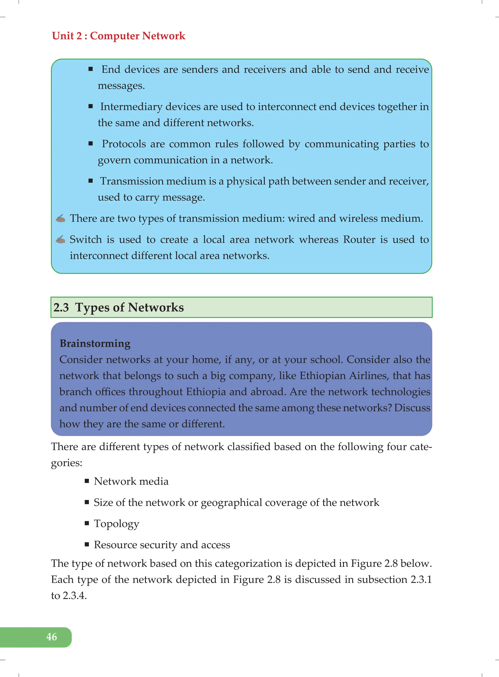 Unit 2 : Computer Network
46
ƒ End devices are senders and receivers and able to send and receive
messages.
ƒ Intermediary devices are used to interconnect end devices together in
the same and different networks.
ƒ Protocols are common rules followed by communicating parties to
govern communication in a network.
ƒ Transmission medium is a physical path between sender and receiver,
used to carry message.
✍ There are two types of transmission medium: wired and wireless medium.
✍ Switch is used to create a local area network whereas Router is used to
interconnect different local area networks.
2.3 Types of Networks
There are different types of network classified based on the following four cate-
gories:
ƒ Network media
ƒ Size of the network or geographical coverage of the network
ƒ Topology
ƒ Resource security and access
The type of network based on this categorization is depicted in Figure 2.8 below.
Each type of the network depicted in Figure 2.8 is discussed in subsection 2.3.1
to 2.3.4.
Brainstorming
Consider networks at your home, if any, or at your school. Consider also the
network that belongs to such a big company, like Ethiopian Airlines, that has
branch offices throughout Ethiopia and abroad. Are the network technologies
and number of end devices connected the same among these networks? Discuss
how they are the same or different.
 