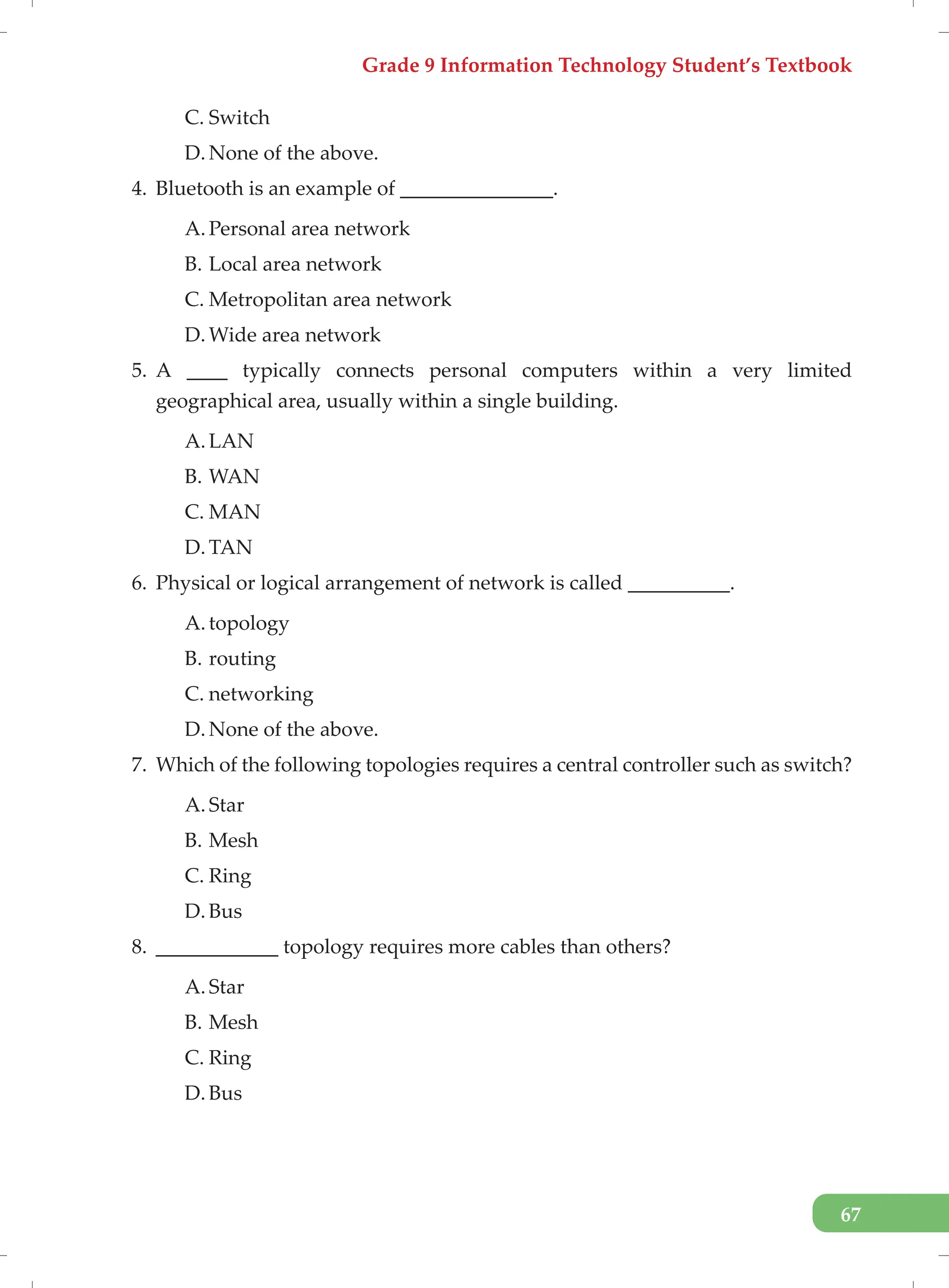 Grade 9 Information Technology Student’s Textbook
67
C. Switch
D. None of the above.
4. Bluetooth is an example of _______________.
A. Personal area network
B. Local area network
C. Metropolitan area network
D. Wide area network
5. A ____ typically connects personal computers within a very limited
geographical area, usually within a single building.
A. LAN
B. WAN
C. MAN
D. TAN
6. Physical or logical arrangement of network is called __________.
A. topology
B. routing
C. networking
D. None of the above.
7. Which of the following topologies requires a central controller such as switch?
A. Star
B. Mesh
C. Ring
D. Bus
8. ____________ topology requires more cables than others?
A. Star
B. Mesh
C. Ring
D. Bus
 