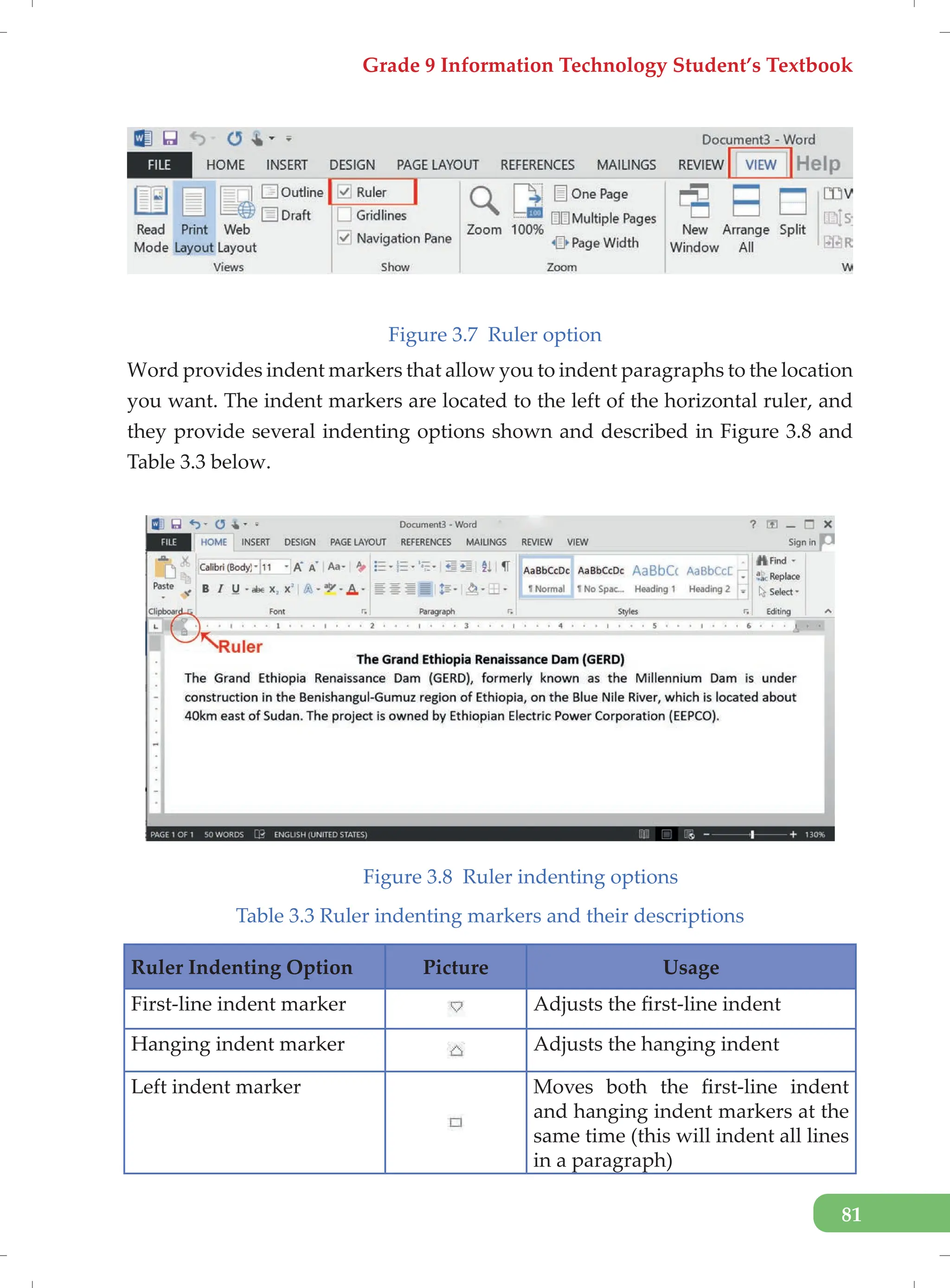 Grade 9 Information Technology Student’s Textbook
81
Figure 3.7 Ruler option
Word provides indent markers that allow you to indent paragraphs to the location
you want. The indent markers are located to the left of the horizontal ruler, and
they provide several indenting options shown and described in Figure 3.8 and
Table 3.3 below.
Figure 3.8 Ruler indenting options
Table 3.3 Ruler indenting markers and their descriptions
Ruler Indenting Option Picture Usage
First-line indent marker Adjusts the first-line indent
Hanging indent marker Adjusts the hanging indent
Left indent marker Moves both the first-line indent
and hanging indent markers at the
same time (this will indent all lines
in a paragraph)
 