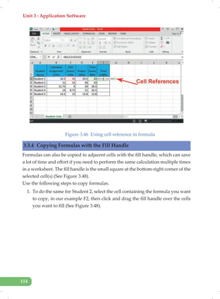 Unit 3 : Application Software
114
Figure 3.46 Using cell reference in formula
3.3.4 Copying Formulas with the Fill Handle
Formulas can also be copied to adjacent cells with the fill handle, which can save
a lot of time and effort if you need to perform the same calculation multiple times
in a worksheet. The fill handle is the small square at the bottom-right corner of the
selected cell(s) (See Figure 3.48).
Use the following steps to copy formulas.
1. To do the same for Student 2, select the cell containing the formula you want
to copy, in our example F2, then click and drag the fill handle over the cells
you want to fill (See Figure 3.48).
 
