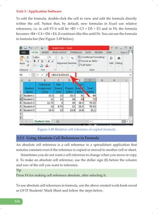 Unit 3 : Application Software
116
To edit the formula, double-click the cell to view and edit the formula directly
within the cell. Notice that, by default, new formulas in Excel use relative
references, i.e. in cell F3 it will be =B3 + C3 + D3 + E3 and in F4, the formula
becomes =B4 + C4 + D4 + E4. It continues like this until F6. You can see the formula
in formula bar (See Figure 3.49 below).
Figure 3.49 Relative cell reference of copied formula
3.3.5 Using Absolute Cell References in Formula
An absolute cell reference is a cell reference in a spreadsheet application that
remains constant even if the reference is copied or moved to another cell or sheet.
Sometimes you do not want a cell reference to change when you move or copy
it. To make an absolute cell reference, use the dollar sign ($) before the column
and row of the cell you want to reference.
Tip
Press F4 for making cell reference absolute, after selecting it.
To use absolute cell references in formula, use the above created work book saved
as G9 IT Students’ Mark Sheet and follow the steps below.
 