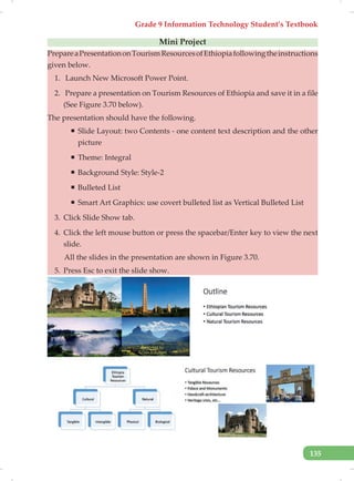 Grade 9 Information Technology Student’s Textbook
135
Mini Project
PrepareaPresentationonTourismResourcesofEthiopiafollowingtheinstructions
given below.
1. Launch New Microsoft Power Point.
2. Prepare a presentation on Tourism Resources of Ethiopia and save it in a file
(See Figure 3.70 below).
The presentation should have the following.
ƒ Slide Layout: two Contents - one content text description and the other
picture
ƒ Theme: Integral
ƒ Background Style: Style-2
ƒ Bulleted List
ƒ Smart Art Graphics: use covert bulleted list as Vertical Bulleted List
3. Click Slide Show tab.
4. Click the left mouse button or press the spacebar/Enter key to view the next
slide.
All the slides in the presentation are shown in Figure 3.70.
5. Press Esc to exit the slide show.
 