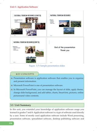 Unit 3 : Application Software
136
Figure 3.71 Sample presentation slides
KEY CONCEPTS
✍ Presentation software is application software that enables you to organize
and present information.
✍ Microsoft PowerPoint is one of presentation software.
✍ In Microsoft PowerPoint, you can manage the layout of slide, apply theme,
change slide background, and add tables, charts, SmartArts, pictures, online
picturesand video contents.
3.5 Unit Summary
In this unit, you extended your knowledge of application software usage you
learned in grades 7 and 8. Application software is a type of software used directly
by a user. Some of mostly used application software include Word processing,
presentation software, spreadsheet software, desktop publishing software and
 