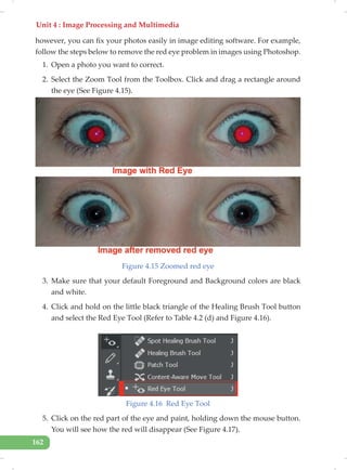 Unit 4 : Image Processing and Multimedia
162
however, you can fix your photos easily in image editing software. For example,
follow the steps below to remove the red eye problem in images using Photoshop.
1. Open a photo you want to correct.
2. Select the Zoom Tool from the Toolbox. Click and drag a rectangle around
the eye (See Figure 4.15).
Figure 4.15 Zoomed red eye
3. Make sure that your default Foreground and Background colors are black
and white.
4. Click and hold on the little black triangle of the Healing Brush Tool button
and select the Red Eye Tool (Refer to Table 4.2 (d) and Figure 4.16).
Figure 4.16 Red Eye Tool
5. Click on the red part of the eye and paint, holding down the mouse button.
You will see how the red will disappear (See Figure 4.17).
 