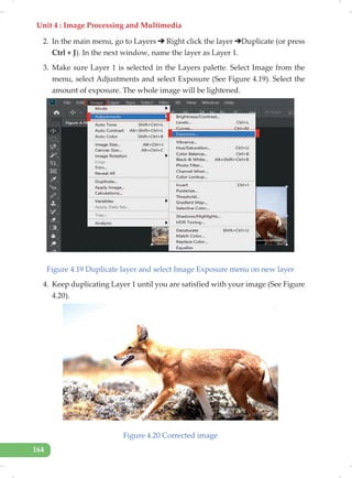Unit 4 : Image Processing and Multimedia
164
2. In the main menu, go to Layers Right click the layer Duplicate (or press
Ctrl + J). In the next window, name the layer as Layer 1.
3. Make sure Layer 1 is selected in the Layers palette. Select Image from the
menu, select Adjustments and select Exposure (See Figure 4.19). Select the
amount of exposure. The whole image will be lightened.
Figure 4.19 Duplicate layer and select Image Exposure menu on new layer
4. Keep duplicating Layer 1 until you are satisfied with your image (See Figure
4.20).
Figure 4.20 Corrected image
 