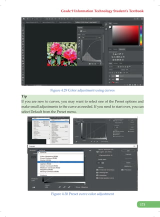 Grade 9 Information Technology Student’s Textbook
173
Figure 4.29 Color adjustment using curves
Tip
If you are new to curves, you may want to select one of the Preset options and
make small adjustments to the curve as needed. If you need to start over, you can
select Default from the Preset menu.
Figure 4.30 Preset curve color adjustment
 