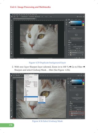 Unit 4 : Image Processing and Multimedia
178
Figure 4.35 Duplicate background layer
2. With new layer Sharpen layer selected, Zoom in to 100 %. Go to Filter
Sharpen and select Unsharp Mask… filter (See Figure 4.36).
Figure 4.36 Select Unsharp Mask
 