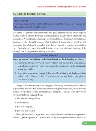 Grade 9 Information Technology Student’s Textbook
219
6.2 Steps in Problem Solving
Brainstorming
Have you ever heard about the 21st
century skills? Is problem solving one of
the skills required in the 21st
century?
Life in the 21st
century demands you to be a good problem solver, which requires
related skills in critical thinking, communication, collaboration, creativity and
innovation. A closely related concept is a computational thinking. Computational
thinking is the thought process that involves formulating a problem and
expressing its solution(s) in such a way that a computer, human or a machine
can effectively carry out. You will develop your computational thinking skills
through practicing problem solving strategies.
Practical Exercise 6.1
Form a group of two to three students and work on the following activities.
1. Search the Internet for “21st century skills” and discuss the skills related
to problem solving in your group using the description in the paragraph
above as a guide.
2. Search the Internet for George Polya’s Problem Solving Method published
in his book, “How to Solve It” and discuss the four basic principles of
problem solving.
George Polya, a mathematician, designed a four-step method to solve all kinds
of problems. Because the method is simple and generalizes well, it has become
a classic method for solving computational problems. The four steps of problem
solving that Polya suggested are:
1. Understand the problem.
2. Make a plan.
3. Execute the plan.
4. Review and extend.
Although the method appears to be a straightforward method where you start
at step 1, go through steps 2, 3 and 4; the reality is that you will often need to go
 