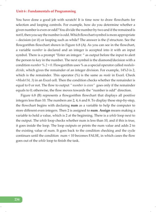 Unit 6 : Fundamentals of Programming
234
You have done a good job with scratch! It is time now to draw flowcharts for
selection and looping controls. For example, how do you determine whether a
given number is even or odd? You divide the number by two and if the remained is
not0,thenyousaythenumberisodd.Whichflowchartsymbolismoreappropriate
– decision (or if) or looping such as while? The answer is the if structure. See the
flowgorithm flowchart shown in Figure 6.8 (A). As you can see in the flowchart,
a variable number is declared and an integer is accepted into it with an input
symbol. There is a prompt “Enter an integer: “ as output before the input to alert
the person to key in the number. The next symbol is the diamond/decision with a
condition number % 2 = 0. Flowgorithm uses % as a special operator called modulo-
divide, which gives the remainder of an integer division. For example, 14%3 is 2,
which is the remainder. This operator (%) is the same as mode in Excel. Check
=Mode(14, 3) in an Excel cell. Then the condition checks whether the remainder is
equal to 0 or not. The flow to output ” number is even” goes only if the remainder
equals to 0; otherwise, the flow moves towards the “number is odd” direction.
Figure 6.8 (B) represents a flowgorithm flowchart that displays all positive
integers less than 10. The numbers are 2, 4, 6 and 8. To display these step-by-step,
the flowchart begins with declaring num as a variable to help the computer to
store different even integers. Then 2 is assigned to num. Assign means making a
variable to hold a value, which is 2 at the beginning. There is a while loop next to
the output. The while loop checks whether num is less than 10, and if this is true,
it goes inside the loop. The loop outputs or prints the num value and adds 2 to
the existing value of num. It goes back to the condition checking and the cycle
continues until the condition num < 10 becomes FALSE, in which cases the flow
goes out of the while loop to finish the task.
 