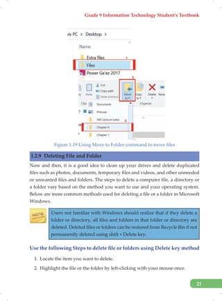 Grade 9 Information Technology Student’s Textbook
21
Figure 1.19 Using Move to Folder command to move files
1.2.9 Deleting File and Folder
Now and then, it is a good idea to clean up your drives and delete duplicated
files such as photos, documents, temporary files and videos, and other unneeded
or unwanted files and folders. The steps to delete a computer file, a directory or
a folder vary based on the method you want to use and your operating system.
Below are more common methods used for deleting a file or a folder in Microsoft
Windows.
Users not familiar with Windows should realize that if they delete a
folder or directory, all files and folders in that folder or directory are
deleted. Deleted files or folders can be restored from Recycle Bin if not
permanently deleted using shift + Delete key.
Use the following Steps to delete file or folders using Delete key method
1. Locate the item you want to delete.
2. Highlight the file or the folder by left-clicking with your mouse once.
 