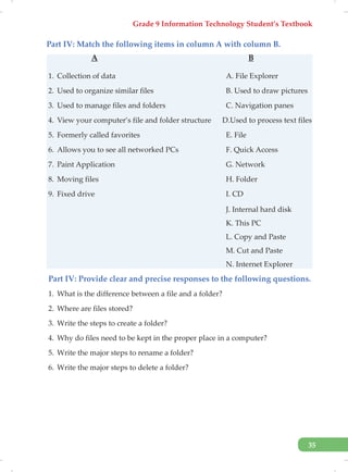 Grade 9 Information Technology Student’s Textbook
35
Part IV: Match the following items in column A with column B.
A B
1. Collection of data A. File Explorer
2. Used to organize similar files B. Used to draw pictures
3. Used to manage files and folders C. Navigation panes
4. View your computer’s file and folder structure D.Used to process text files
5. Formerly called favorites E. File
6. Allows you to see all networked PCs F. Quick Access
7. Paint Application G. Network
8. Moving files H. Folder
9. Fixed drive I. CD
J. Internal hard disk
K. This PC
L. Copy and Paste
M. Cut and Paste
N. Internet Explorer
Part IV: Provide clear and precise responses to the following questions.
1. What is the difference between a file and a folder?
2. Where are files stored?
3. Write the steps to create a folder?
4. Why do files need to be kept in the proper place in a computer?
5. Write the major steps to rename a folder?
6. Write the major steps to delete a folder?
 