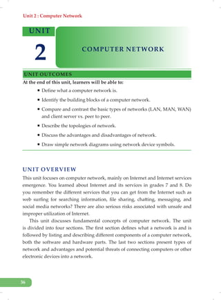 Unit 2 : Computer Network
36
UNIT OVERVIEW
This unit focuses on computer network, mainly on Internet and Internet services
emergence. You learned about Internet and its services in grades 7 and 8. Do
you remember the different services that you can get from the Internet such as
web surfing for searching information, file sharing, chatting, messaging, and
social media networks? There are also serious risks associated with unsafe and
improper utilization of Internet.
This unit discusses fundamental concepts of computer network. The unit
is divided into four sections. The first section defines what a network is and is
followed by listing and describing different components of a computer network,
both the software and hardware parts. The last two sections present types of
network and advantages and potential threats of connecting computers or other
electronic devices into a network.
At the end of this unit, learners will be able to:
ƒ Define what a computer network is.
ƒ Identify the building blocks of a computer network.
ƒ Compare and contrast the basic types of networks (LAN, MAN, WAN)
and client server vs. peer to peer.
ƒ Describe the topologies of network.
ƒ Discuss the advantages and disadvantages of network.
ƒ Draw simple network diagrams using network device symbols.
UNIT
COMPUTER NETWORK
UNIT OUTCOMES
2
 