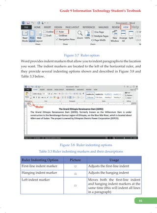 Grade 9 Information Technology Student’s Textbook
81
Figure 3.7 Ruler option
Word provides indent markers that allow you to indent paragraphs to the location
you want. The indent markers are located to the left of the horizontal ruler, and
they provide several indenting options shown and described in Figure 3.8 and
Table 3.3 below.
Figure 3.8 Ruler indenting options
Table 3.3 Ruler indenting markers and their descriptions
Ruler Indenting Option Picture Usage
First-line indent marker Adjusts the first-line indent
Hanging indent marker Adjusts the hanging indent
Left indent marker Moves both the first-line indent
and hanging indent markers at the
same time (this will indent all lines
in a paragraph)
 