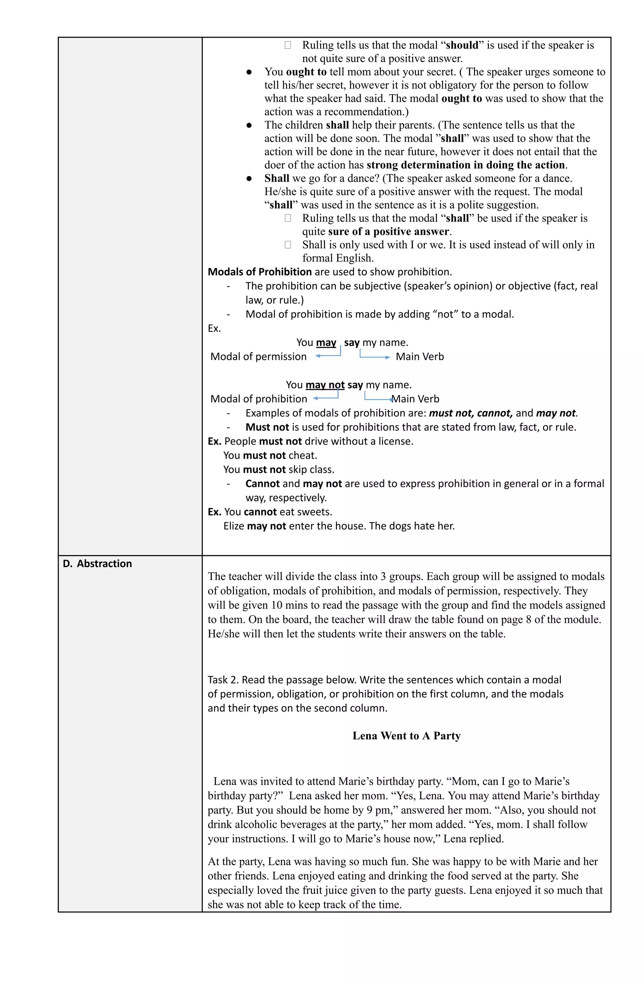 ⮚ Ruling tells us that the modal “should” is used if the speaker is
not quite sure of a positive answer.
● You ought to tell mom about your secret. ( The speaker urges someone to
tell his/her secret, however it is not obligatory for the person to follow
what the speaker had said. The modal ought to was used to show that the
action was a recommendation.)
● The children shall help their parents. (The sentence tells us that the
action will be done soon. The modal ”shall” was used to show that the
action will be done in the near future, however it does not entail that the
doer of the action has strong determination in doing the action.
● Shall we go for a dance? (The speaker asked someone for a dance.
He/she is quite sure of a positive answer with the request. The modal
“shall” was used in the sentence as it is a polite suggestion.
⮚ Ruling tells us that the modal “shall” be used if the speaker is
quite sure of a positive answer.
⮚ Shall is only used with I or we. It is used instead of will only in
formal English.
Modals of Prohibition are used to show prohibition.
- The prohibition can be subjective (speaker’s opinion) or objective (fact, real
law, or rule.)
- Modal of prohibition is made by adding “not” to a modal.
Ex.
You may say my name.
Modal of permission Main Verb
You may not say my name.
Modal of prohibition Main Verb
- Examples of modals of prohibition are: must not, cannot, and may not.
- Must not is used for prohibitions that are stated from law, fact, or rule.
Ex. People must not drive without a license.
You must not cheat.
You must not skip class.
- Cannot and may not are used to express prohibition in general or in a formal
way, respectively.
Ex. You cannot eat sweets.
Elize may not enter the house. The dogs hate her.
D. Abstraction
The teacher will divide the class into 3 groups. Each group will be assigned to modals
of obligation, modals of prohibition, and modals of permission, respectively. They
will be given 10 mins to read the passage with the group and find the models assigned
to them. On the board, the teacher will draw the table found on page 8 of the module.
He/she will then let the students write their answers on the table.
Task 2. Read the passage below. Write the sentences which contain a modal
of permission, obligation, or prohibition on the first column, and the modals
and their types on the second column.
Lena Went to A Party
Lena was invited to attend Marie’s birthday party. “Mom, can I go to Marie’s
birthday party?” Lena asked her mom. “Yes, Lena. You may attend Marie’s birthday
party. But you should be home by 9 pm,” answered her mom. “Also, you should not
drink alcoholic beverages at the party,” her mom added. “Yes, mom. I shall follow
your instructions. I will go to Marie’s house now,” Lena replied.
At the party, Lena was having so much fun. She was happy to be with Marie and her
other friends. Lena enjoyed eating and drinking the food served at the party. She
especially loved the fruit juice given to the party guests. Lena enjoyed it so much that
she was not able to keep track of the time.
 