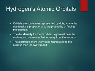 Hydrogen’s Atomic Orbitals
 Orbitals are sometimes represented by dots, where the
dot density is proportional to the probability of finding
the electron.
 The dot density for the 1s orbital is greatest near the
nucleus and decreases farther away from the nucleus.
 The electron is more likely to be found close to the
nucleus than far away from it.
 