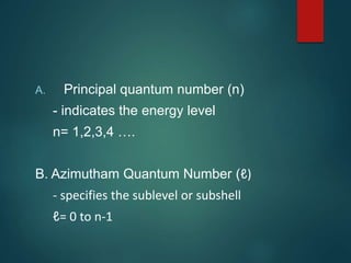 A. Principal quantum number (n)
- indicates the energy level
n= 1,2,3,4 ….
B. Azimutham Quantum Number (ℓ)
- specifies the sublevel or subshell
ℓ= 0 to n-1
 