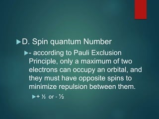 D. Spin quantum Number
- according to Pauli Exclusion
Principle, only a maximum of two
electrons can occupy an orbital, and
they must have opposite spins to
minimize repulsion between them.
+ ½ or - ½
 