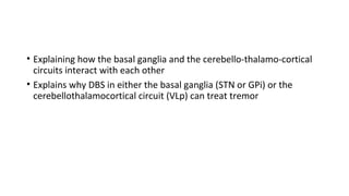 • Explaining how the basal ganglia and the cerebello-thalamo-cortical
circuits interact with each other
• Explains why DBS in either the basal ganglia (STN or GPi) or the
cerebellothalamocortical circuit (VLp) can treat tremor
 