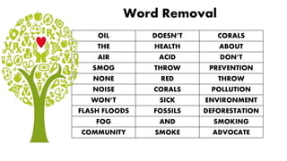 Word Removal
OIL DOESN’T CORALS
THE HEALTH ABOUT
AIR ACID DON’T
SMOG THROW PREVENTION
NONE RED THROW
NOISE CORALS POLLUTIO...