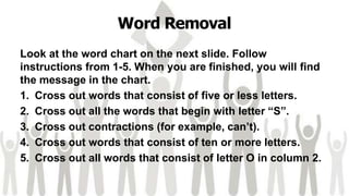 Word Removal
Look at the word chart on the next slide. Follow
instructions from 1-5. When you are finished, you will find
the message in the chart.
1. Cross out words that consist of five or less letters.
2. Cross out all the words that begin with letter “S”.
3. Cross out contractions (for example, can’t).
4. Cross out words that consist of ten or more letters.
5. Cross out all words that consist of letter O in column 2.
 